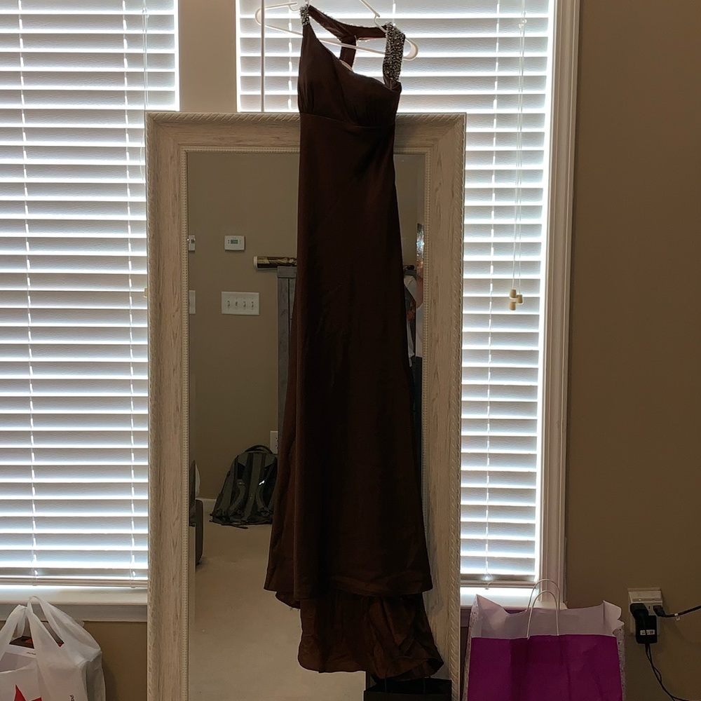 One shoulder brown beaded formal dress